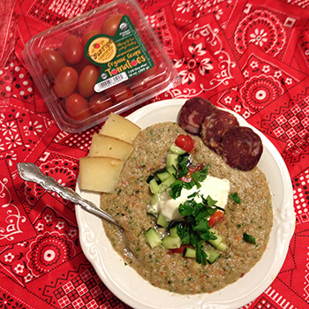 Sunripe Certified sent some organic grape tomatoes. What can you make with grape tomatoes? Gazpacho, Homemade Virgin Bloody Marys and the Italian Flag Salad.